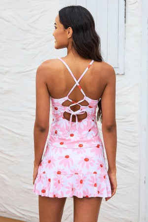 Pink High Neck Cross-Back Two Pieces Tankini Set With Ruffle Skirt