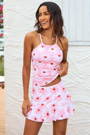 Pink High Neck Cross-Back Two Pieces Tankini Set With Ruffle Skirt