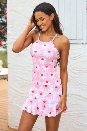 Pink High Neck Cross-Back Two Pieces Tankini Set With Ruffle Skirt