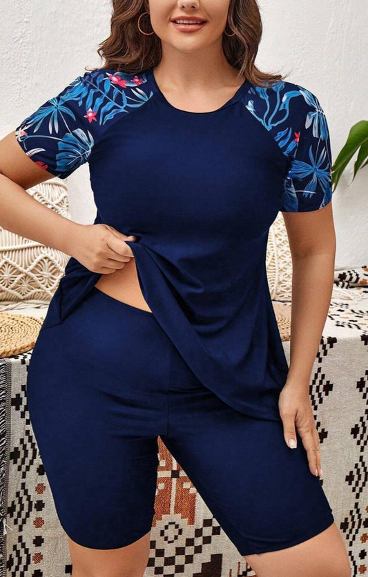 Swim SPRTY Plus Tropical Print Raglan Sleeve Bikini Swimsuit With Short Sleeve