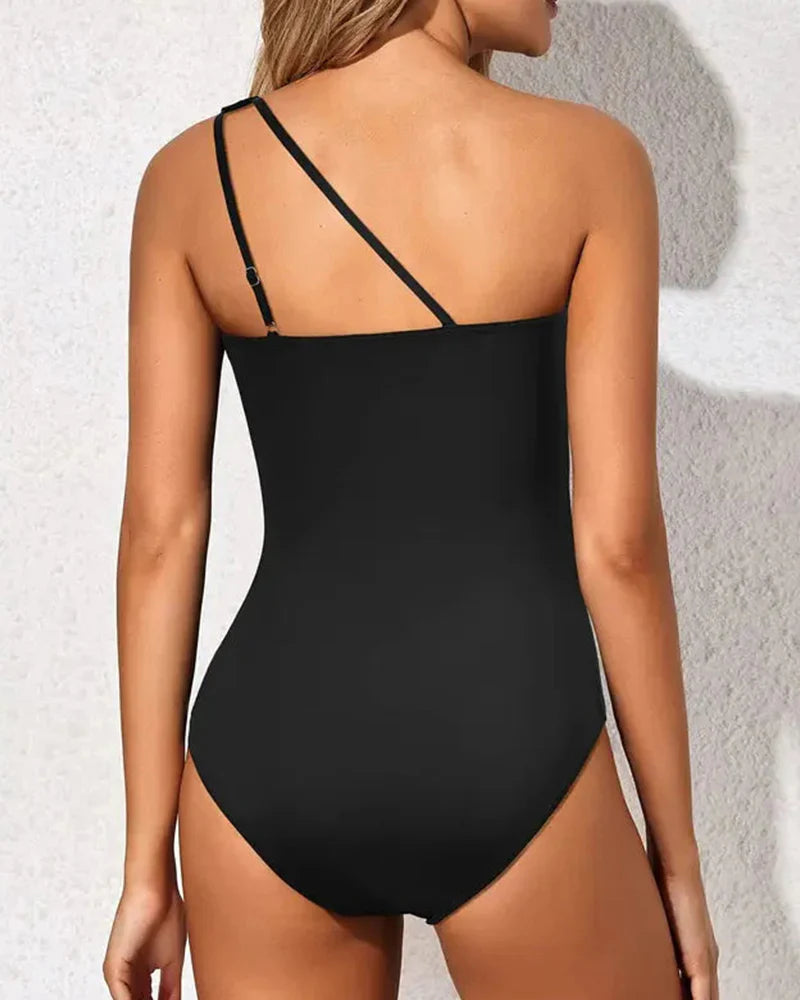 Solid Color One Shoulder One Piece Swimsuit for Women Tummy Control Bathing Suits