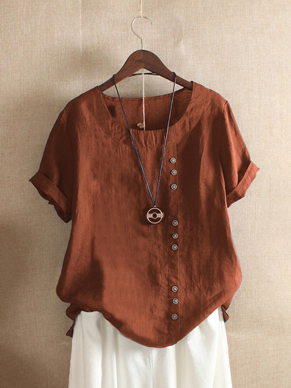 Solid Color Short Sleeve Button Summer T-shirt