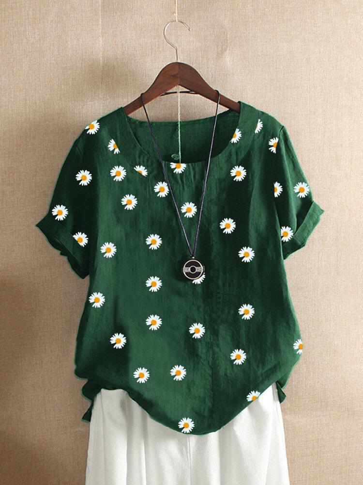 Daisy Floral Print Short Sleeve O-neck T-shirt For Women
