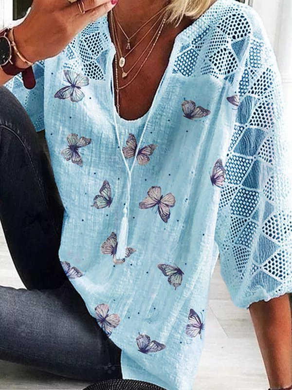 Butterfly Printed Floral Short Sleeve V Neck T-Shirt Top