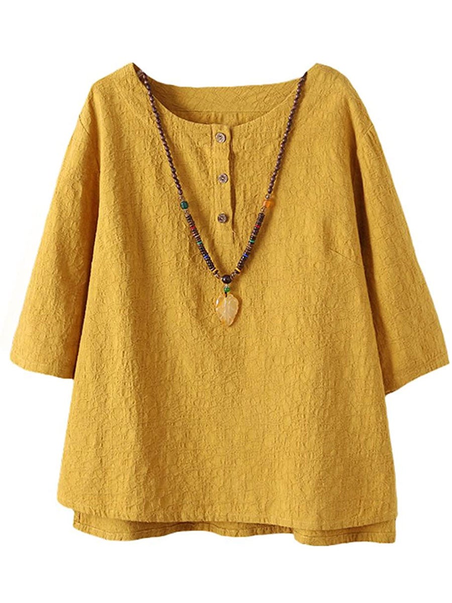 Women's 3/4 Sleeve Cotton Linen Jacquard Blouses Top Tshirt