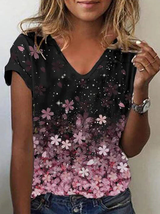 Gradient Sakura Print V-neck Short Sleeves T-shirt