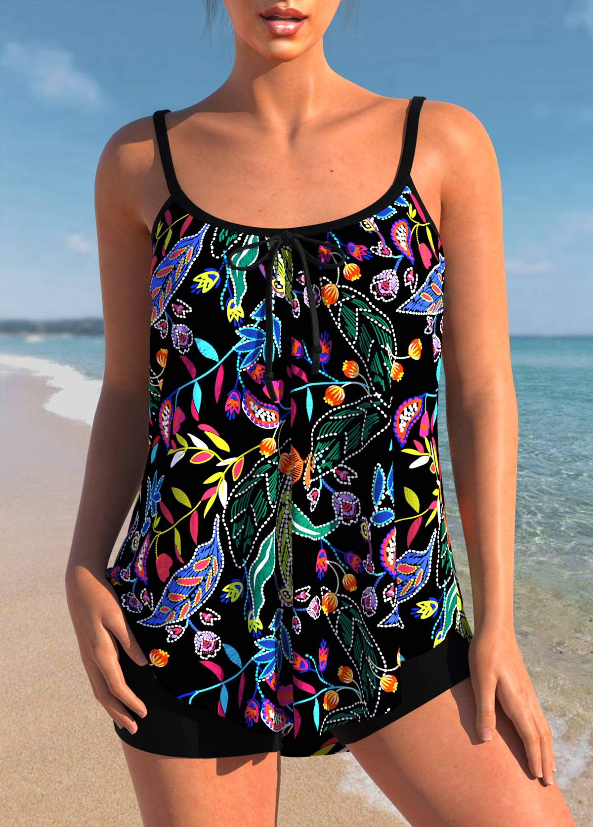 Leaf Print Black Tankini Set