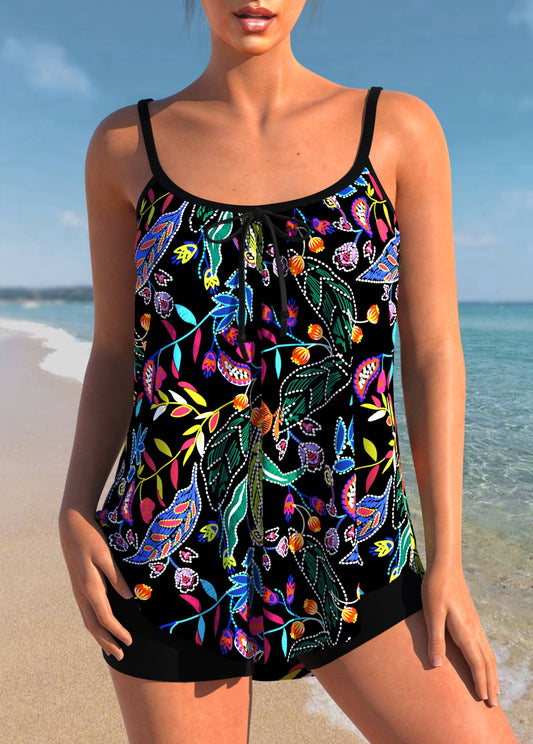 Leaf Print Black Tankini Set