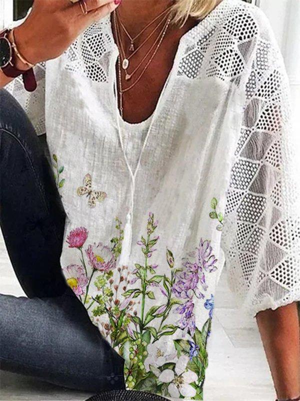 FloralPrint Casual V Neck 3/4 Sleeve Shirts & Tops